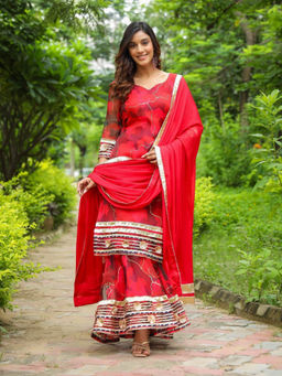 SamaayaJaipur - Froly Red Abstract Print Organza Kurta with Sharara & Dupatta (Set of 3)