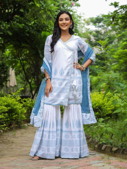 SamaayaJaipur - Tiara Cotton Printed Kurta with Sharara & Dupatta (Set of 3)