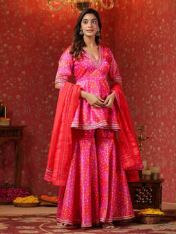 SamaayaJaipur - Pink Bandhani Jimmy Choo Kurta with Sharara & Dupatta (Set of 3)