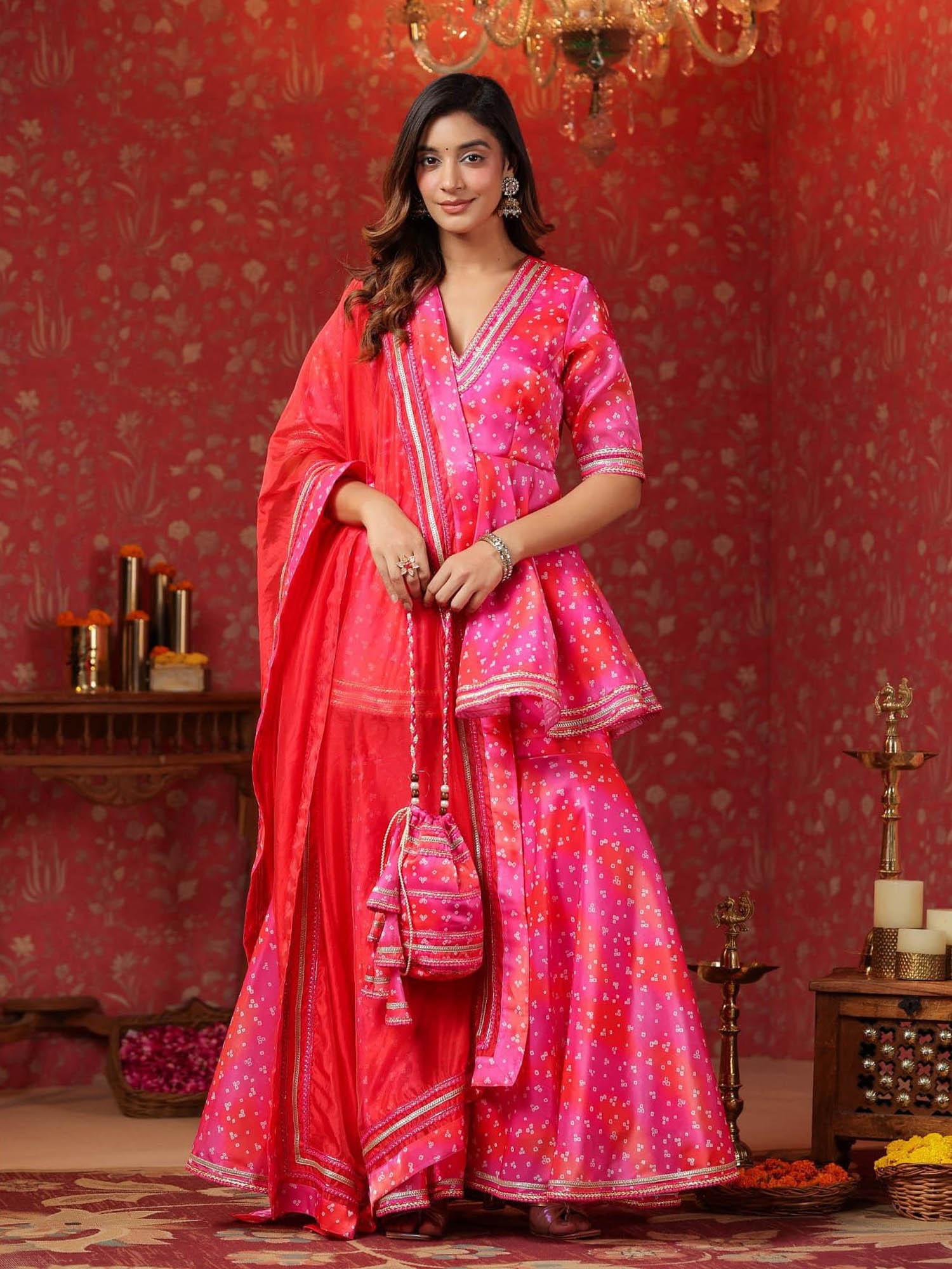 Buy SamaayaJaipur Pink Bandhani Jimmy Choo Kurta with Sharara