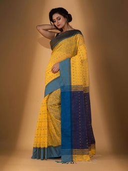 Beatitude - Yellow Handspun Cotton Woven Saree with Unstitched Blouse