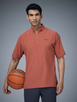 Technosport - Men High Neck Self Design Oversized Active Out T-Shirt - Rust