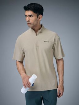 Technosport - Men High Neck Self Design Oversized Active Out T-Shirt - Beige