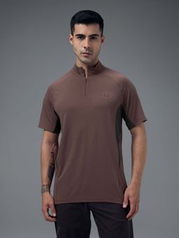 Technosport - Men Colorblock Slim Fit High Neck Sports T-Shirt With Cotflex - Mauve