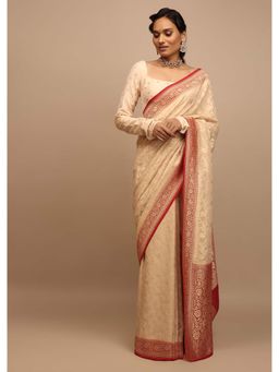 KALKI FASHION - Beige Saree in Georgette Contrasting Woven Floral Jaal Work with Unstitched Blouse