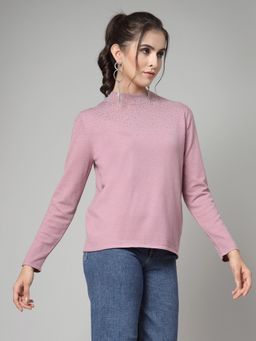 Mafadeny - Mauve High Neck Embellished Detail Pullover