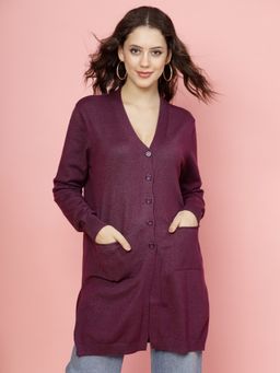 Mafadeny - Women Wine V-Neck Longline Cardigan