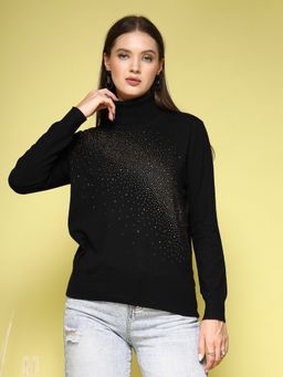 Mafadeny - Women Black Embellished High Neck Top