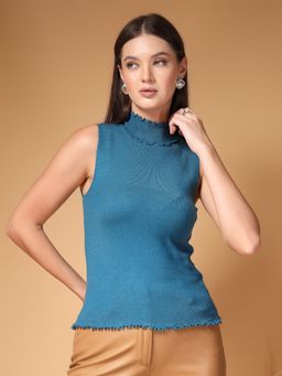 Mafadeny - Women Blue High Neck Ribbed Sleeveless Fitted Top