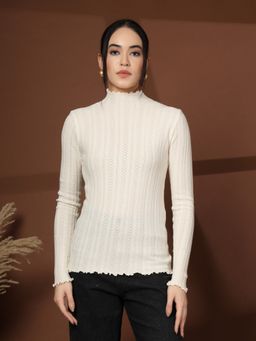 Mafadeny - Women Cream Ribbed Sweater with Ruffled Neck and Sleeves