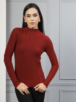 Mafadeny - Women Maroon Ribbed Sweater with Ruffled Neck and Sleeves