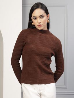 Mafadeny - Women Brown Ribbed High Neck Long Sleeve Sweater