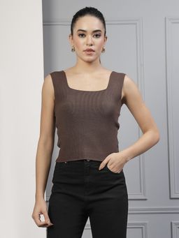 Mafadeny - Women Brown Sleeveless Ribbed Square Neck Top
