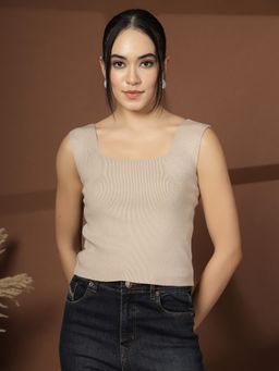 Mafadeny - Women Beige Sleeveless Ribbed Square Neck Top