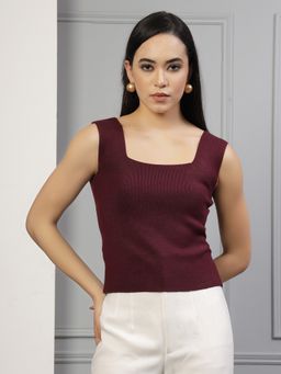 Mafadeny - Women Wine Sleeveless Ribbed Square Neck Top