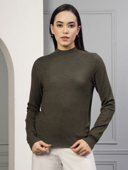 Mafadeny - Women Olive Self Design High Neck Regular Top