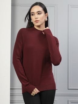 Mafadeny - Women Wine Self Design High Neck Regular Top