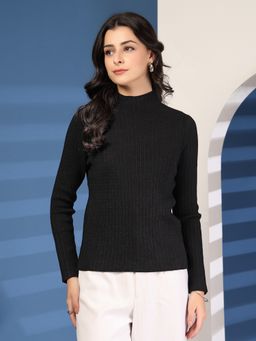 Mafadeny - Women Black Ribbed Knit High Neck Sweater