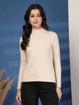 Mafadeny - Women Cream Ribbed Knit High Neck Sweater