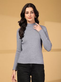 Mafadeny - Women Grey Ribbed Knit High Neck Sweater