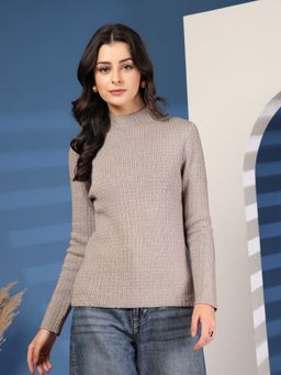 Mafadeny - Women Beige Ribbed Knit High Neck Sweater