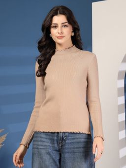 Mafadeny - Women Beige Ribbed Ruffles Fitted Top