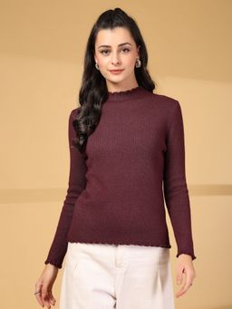 Mafadeny - Women Wine Ribbed Ruffles Fitted Top