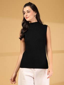 Mafadeny - Women Black Sleeveless Ribbed High Neck Top