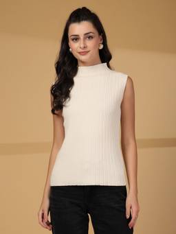 Mafadeny - Women Cream Sleeveless Ribbed High Neck Top