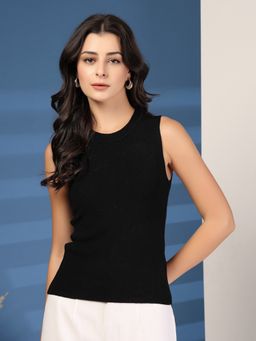 Mafadeny - Women Black Sleeveless Ribbed Top