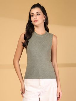 Mafadeny - Women Grey Sleeveless Ribbed Top