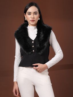 Mafadeny - Women Black Solid Sleeveless Faux Fur Cardigan