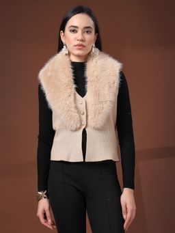 Mafadeny - Women Beige Solid Sleeveless Faux Fur Cardigan