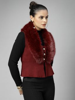 Mafadeny - Women Maroon Solid Sleeveless Faux Fur Cardigan