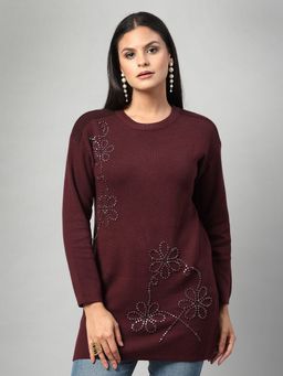 Mafadeny - Women Maroon Embellished Longline Top