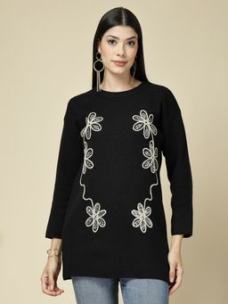 Mafadeny - Women Black Floral Embroidered Crew Neck Sequined Top