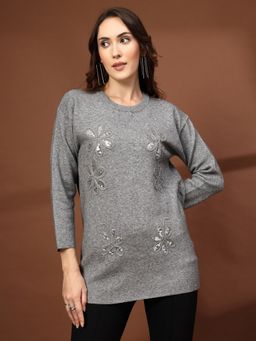 Mafadeny - Women Grey Floral Embroidered Crew Neck Sequined Top