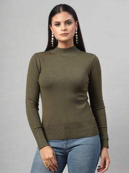 Mafadeny - Women Olive Turtleneck Knit Top