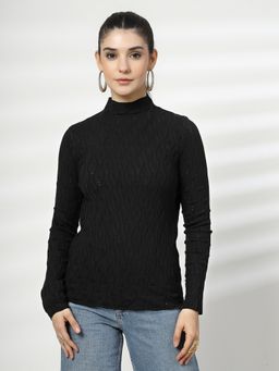 Mafadeny - Women Black Ribbed Textured High Neck Long Sleeve Top
