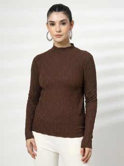 Mafadeny - Women Brown Ribbed Textured High Neck Long Sleeve Top