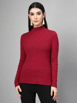 Mafadeny - Women Maroon Ribbed Textured High Neck Long Sleeve Top