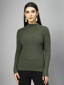 Mafadeny - Women Olive Ribbed Textured High Neck Long Sleeve Top