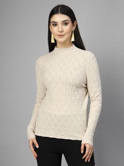 Mafadeny - Women Beige Ribbed Textured High Neck Long Sleeve Top