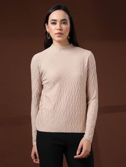 Mafadeny - Women Beige Ribbed High Neck Long Sleeve Sweater
