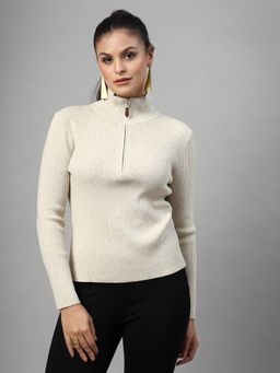 Mafadeny - Women Beige Ribbed Zip-Up High Neck Sweater