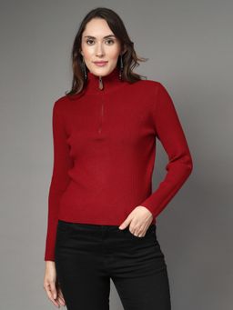Mafadeny - Women Maroon Ribbed Zip-Up High Neck Sweater