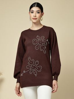 Mafadeny - Women Brown Longline Knit Floral Motif Pullover
