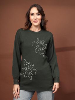 Mafadeny - Women Green Longline Knit Floral Motif Pullover