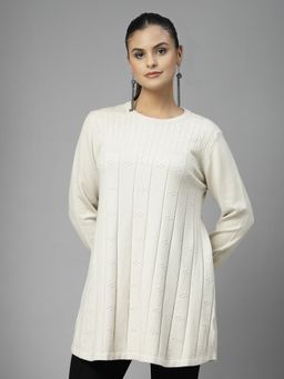 Mafadeny - Women Off White Round Neck A-Line Top