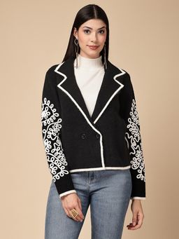 Mafadeny - Women Black Lapel Collar Embroidered Blazer